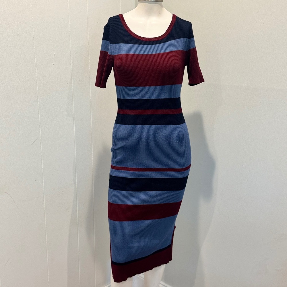 Olive + Oak Blue Multicolor Striped Ribbed Knit Midi Dress Short Sleeve | XS